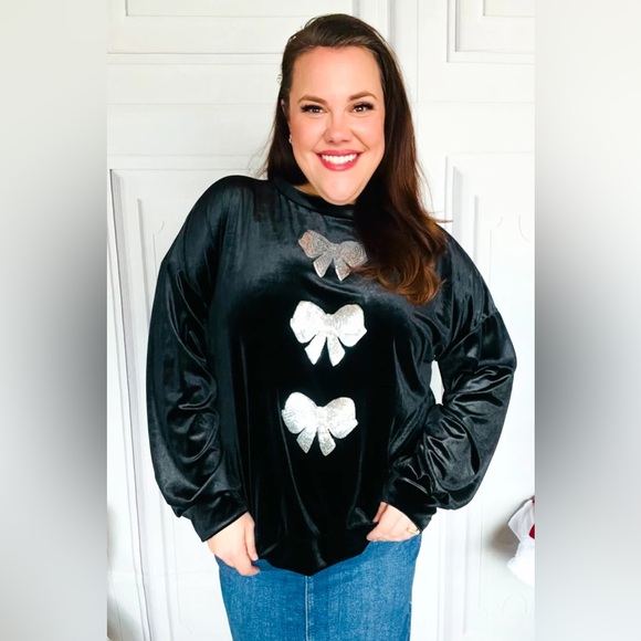 Home For The Holiday Silver Sequin Bow Velvet Pullover Top - Picture 7 of 16